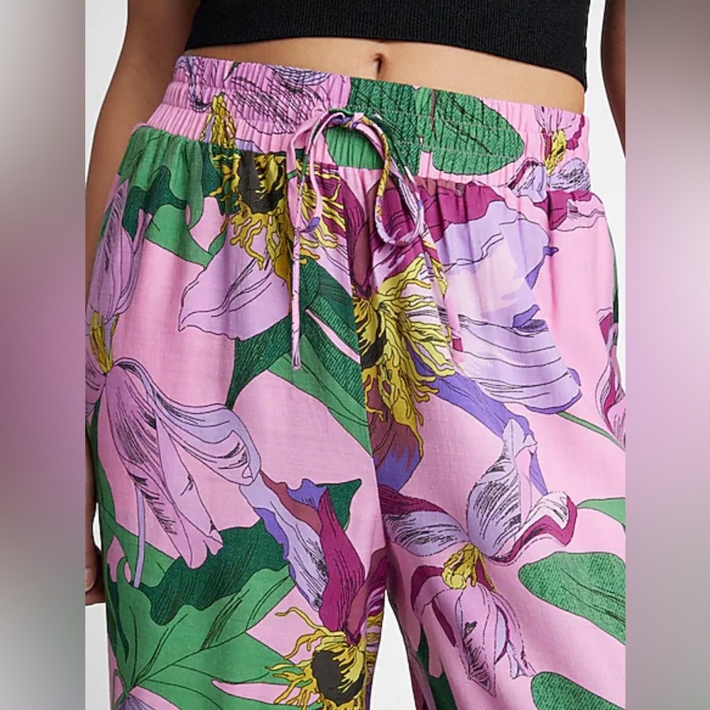 Express High Waisted Floral Pull On Wide Leg Pant Pink Size S NWOT - Picture 3 of 16